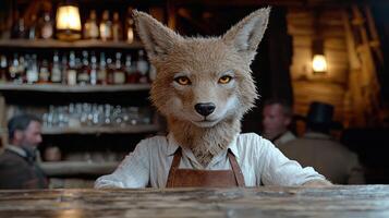 Anthropomorphic fox bartender in rustic bar setting photo