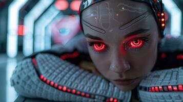 futuristic cyborg with glowing red eyes photo