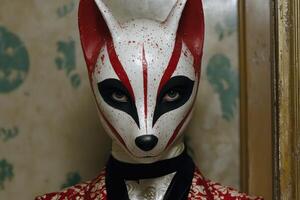 Mysterious fox like mask with red and white patterns photo