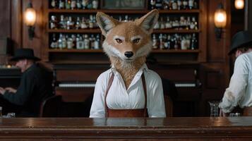 Anthropomorphic fox bartender in vintage bar setting photo