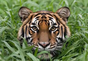 close up of a tiger in tall grass photo