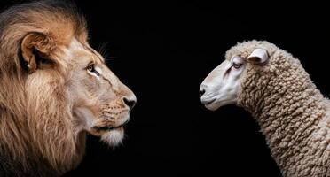 Powerful lion and gentle sheep face off photo