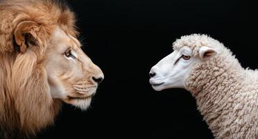 Powerful lion and gentle sheep face to face photo