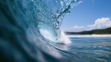 Crashing ocean wave with tropical beach in background photo