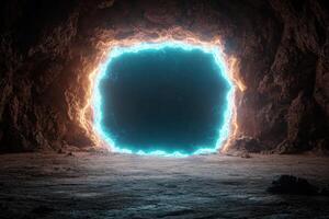 Glowing portal in dark cave photo