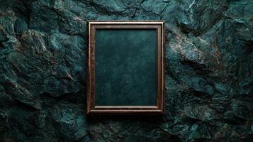 Elegant empty frame on textured green marble background photo