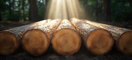 Sunlight shining through stacked logs in a forest photo