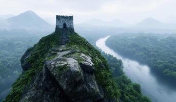 Mysterious castle ruins in the misty mountains photo