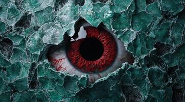 Intense red eye on cracked green marble surface photo