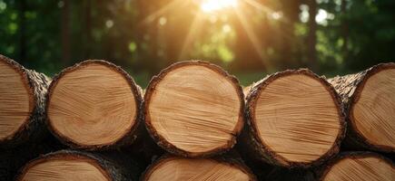 Stacked logs in a forest with sunlight photo
