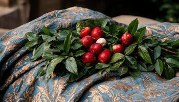 Freshly picked red apples with green leaves on a patterned fabric photo