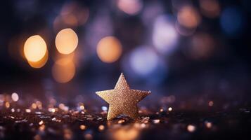 Sparkling golden star on dark background with bokeh lights photo