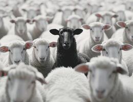 Flock of sheep with a black sheep in the center photo