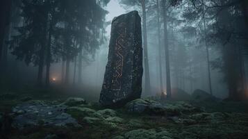 Mysterious rune covered monolith in misty forest photo
