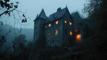 Mysterious medieval castle in the fog at night photo