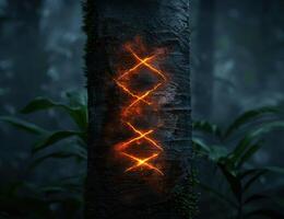 Glowing cracks in a dark tree trunk photo