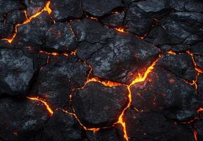 Glowing molten lava cracks in volcanic rock photo