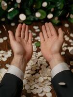 Hands reaching towards a pile of gold coins photo