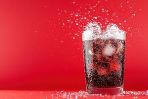 refreshing carbonated drink with ice cubes photo