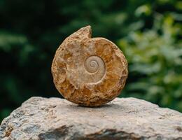 Fossilized ammonite shell on rock photo