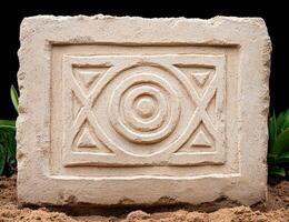 Carved stone relief with abstract geometric patterns photo