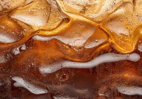Close up of bubbly cola drink with ice cubes photo