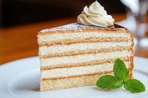 Delicious layered cake with creamy frosting and mint garnish photo