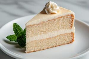 Delicious creamy cheesecake slice with whipped cream topping photo