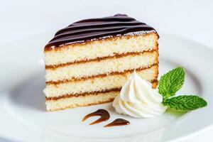 Delicious chocolate glazed cake slice with whipped cream photo