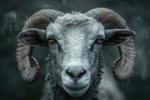 Close up portrait of a curious sheep with horns photo