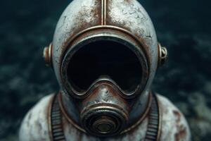 Closeup view of a worn and weathered gas mask photo
