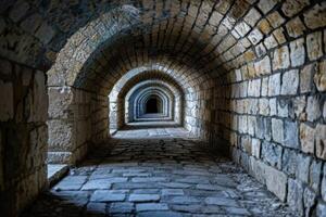 Mysterious stone tunnel with arched ceilings photo