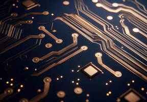 close up view of a circuit board with intricate copper traces and components photo