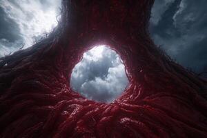 Surreal red organic tunnel with cloudy sky photo