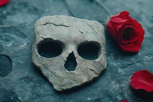 Skull and red rose on dark background photo