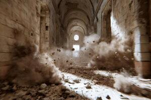 Explosion of debris in an abandoned cathedral photo