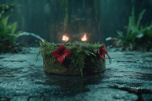 Festive holiday wreath in snowy forest photo