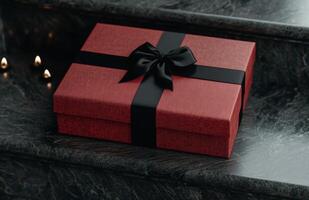 Elegant red gift box with black ribbon photo