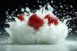 Delicious red strawberries covered in fresh snow photo