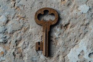 Rusty old key on a textured concrete surface photo