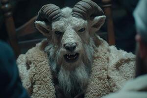 Fearsome goat with horns and sharp teeth photo