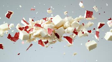 Scattered pieces of white and red candy photo
