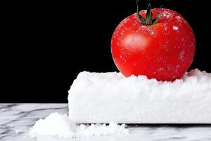 Ripe red tomato on snowy white background photo