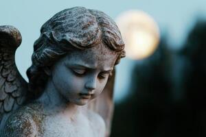 Serene stone angel statue with moon in background photo