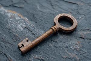 Rusty old key on a slate surface photo