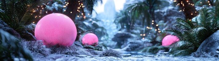 Festive winter wonderland with glowing pink spheres photo
