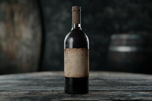 Vintage red wine bottle on wooden table photo