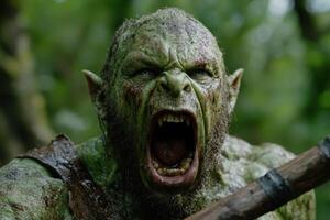 Fearsome green monster with sharp teeth and angry expression photo