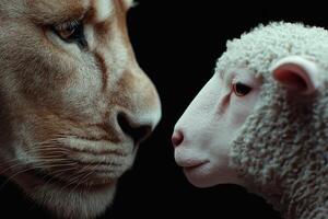 close up of a cat and lamb facing each other photo