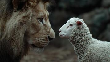 Majestic lion and curious lamb face to face photo
